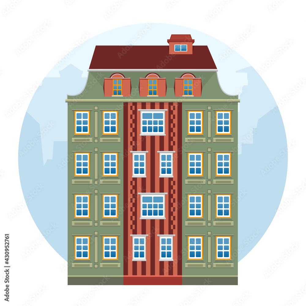 Cartoon house colorful architecture Amsterdam. European style. Green and brown historic facade. Vector illustration. Buildings of the old city on a white isolated background.