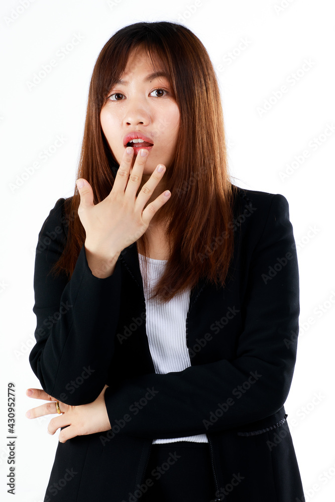 Young and fresh new graduated look Asian businesswoman in suit pose in gesture of excitement and surprise on white background Young and fresh new graduated look Asian businesswoman in suit pose in gesture of excitement and surprise on white background