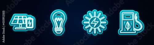 Set line Solar energy panel and battery, Light bulb, and Bio fuel with fueling nozzle. Glowing neon icon. Vector