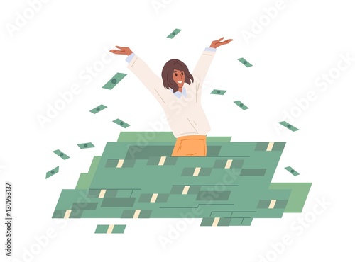 Rich carefree woman throwing money in air, standing in cash heap. Successful wealthy businesswoman. Financial success concept. Colored flat vector illustration isolated on white background