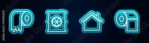 Set line Toilet paper roll, Radioactive waste in barrel, House and . Glowing neon icon. Vector