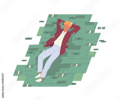 Happy carefree businessman resting on money heap. Relaxed successful man lyin...