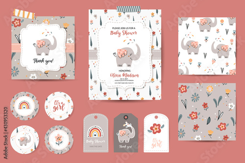 Set of Baby shower invitations, thanks cards, tags and seamless patterns