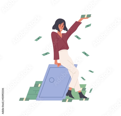 Happy rich woman throwing money, making cash rain. Millionaire near metal safe box with savings. Financial success concept. Colored flat graphic vector illustration isolated on white background