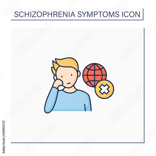 Negative symptoms color icon.Disinterest. Apparent environment unawareness, social withdrawal.Schizophrenia symptoms concept. Isolated vector illustration