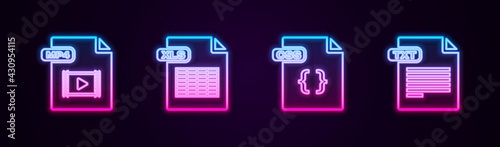 Set line MP4 file document, XLS, CSS and TXT. Glowing neon icon. Vector