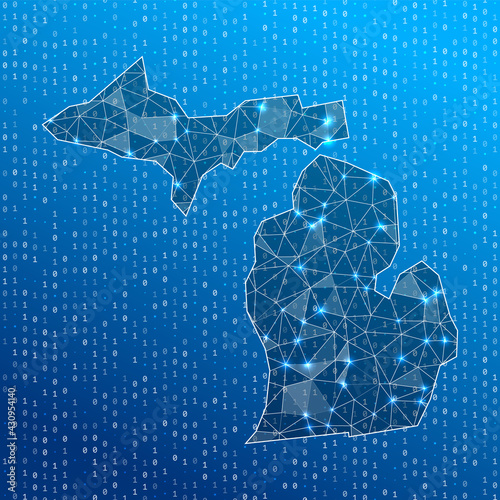 Network map of Michigan. US state digital connections map. Technology, internet, network, telecommunication concept. Vector illustration.