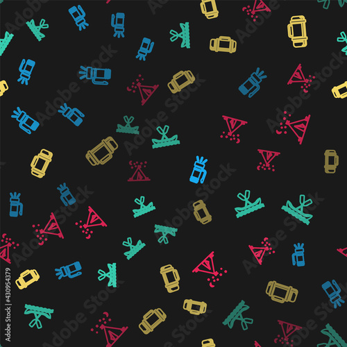 Set line Flashlight, Rafting boat, Thermos container and Tourist tent with flag on seamless pattern. Vector