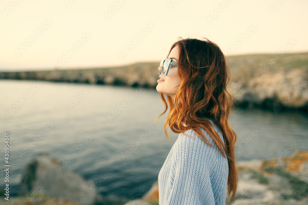 Cheerful woman travel landscape nature walk fresh air Cheerful woman travel landscape nature walk fresh air