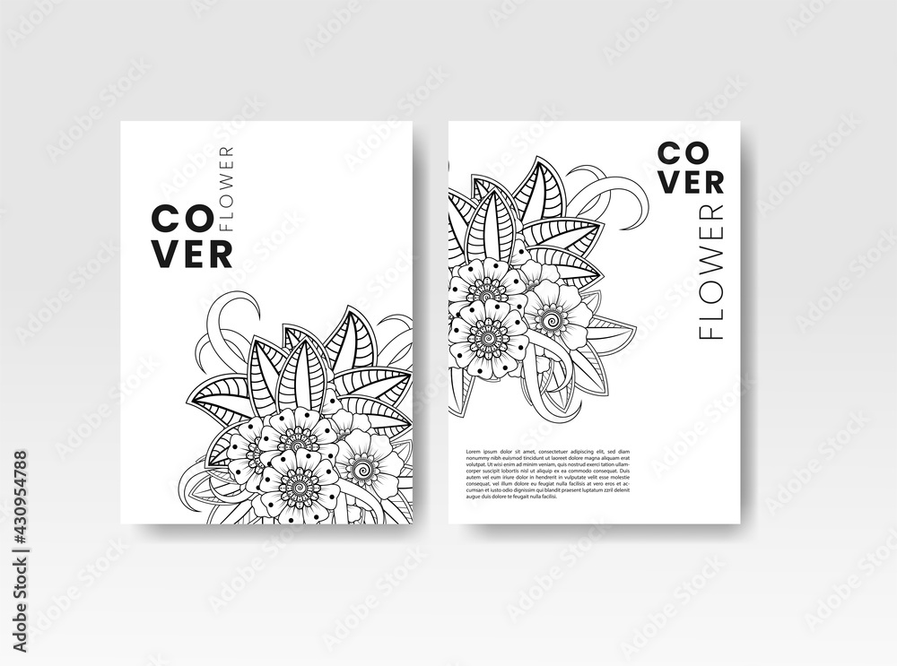 Vintage card with flowers on background. Book cover with flower texture. Black lines on white background. Vector illustration.