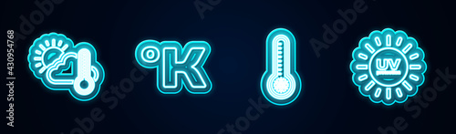 Set line Thermometer and cloud, sun, Kelvin, Meteorology thermometer and UV protection. Glowing neon icon. Vector
