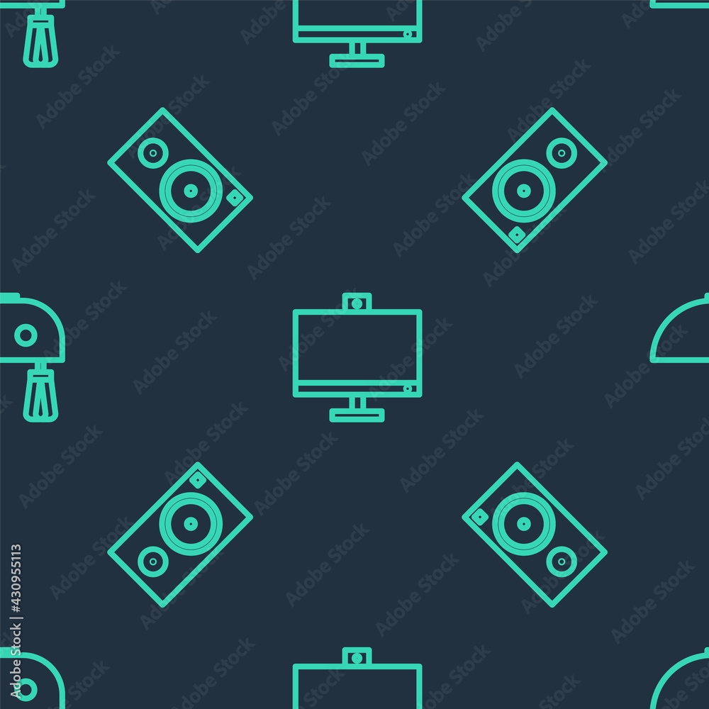 Set line Computer monitor, Stereo speaker and Electric mixer on seamless pattern. Vector Set line Computer monitor, Stereo speaker and Electric mixer on seamless pattern. Vector