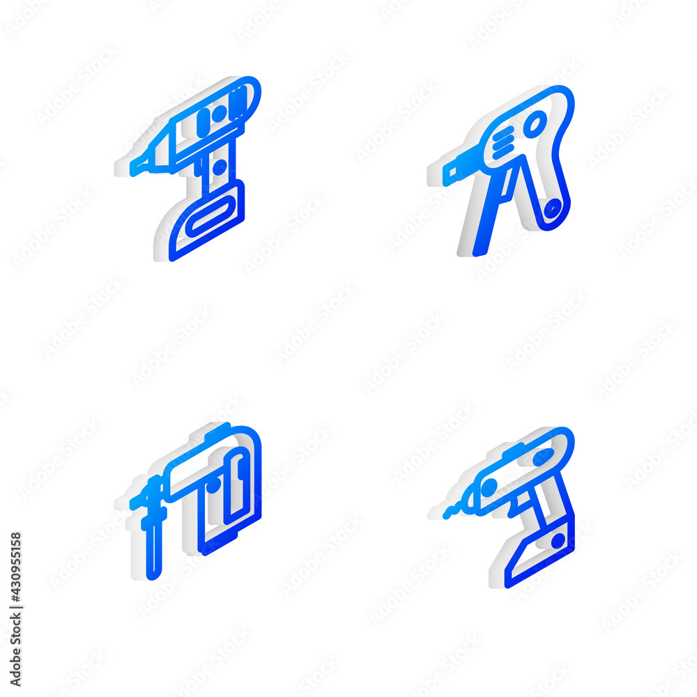 Set Isometric line Electric hot glue gun, cordless screwdriver, Rotary hammer drill machine and icon. Vector Set Isometric line Electric hot glue gun, cordless screwdriver, Rotary hammer drill machine and icon. Vector