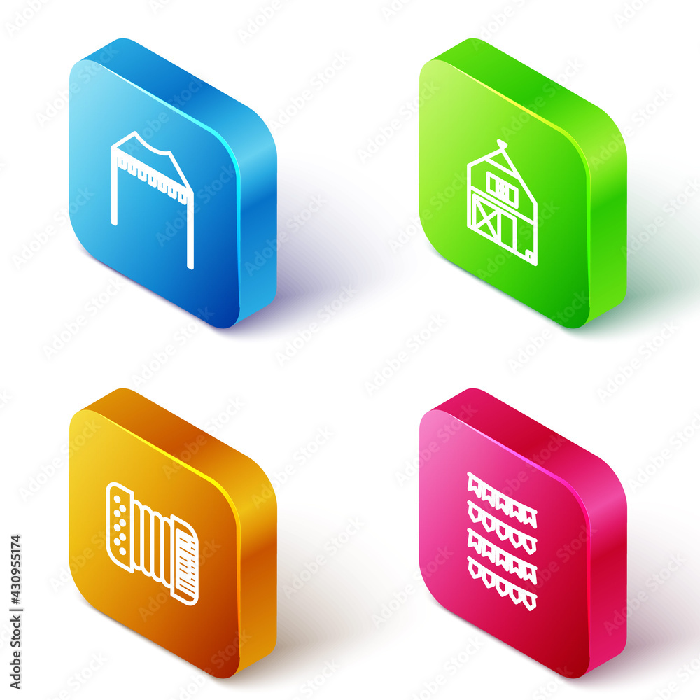 Set Isometric line Camping tent, Farm House, Accordion and Carnival garland with flags icon. Vector Set Isometric line Camping tent, Farm House, Accordion and Carnival garland with flags icon. Vector