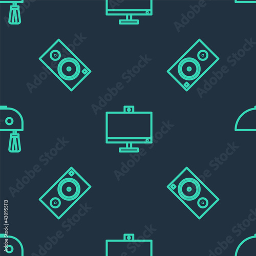 Set line Computer monitor, Stereo speaker and Electric mixer on seamless pattern. Vector