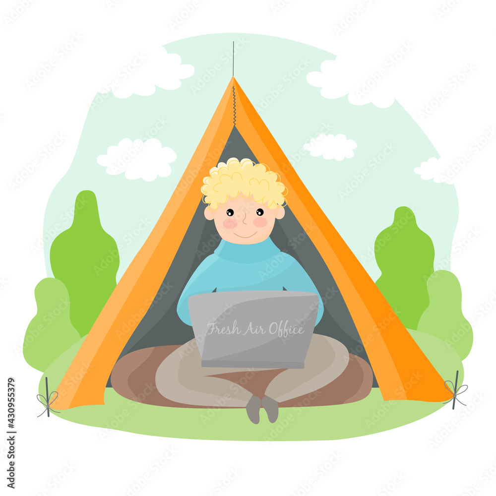 Vector tourism or distant work concept. Young man working on laptop, sitting in tent, capming in forest