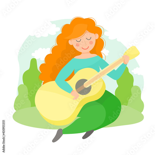Vector colorful illustration, tourism or bard musician concept. Young redhead woman sitting and playing guitar, spend summer outside, outdoor activities