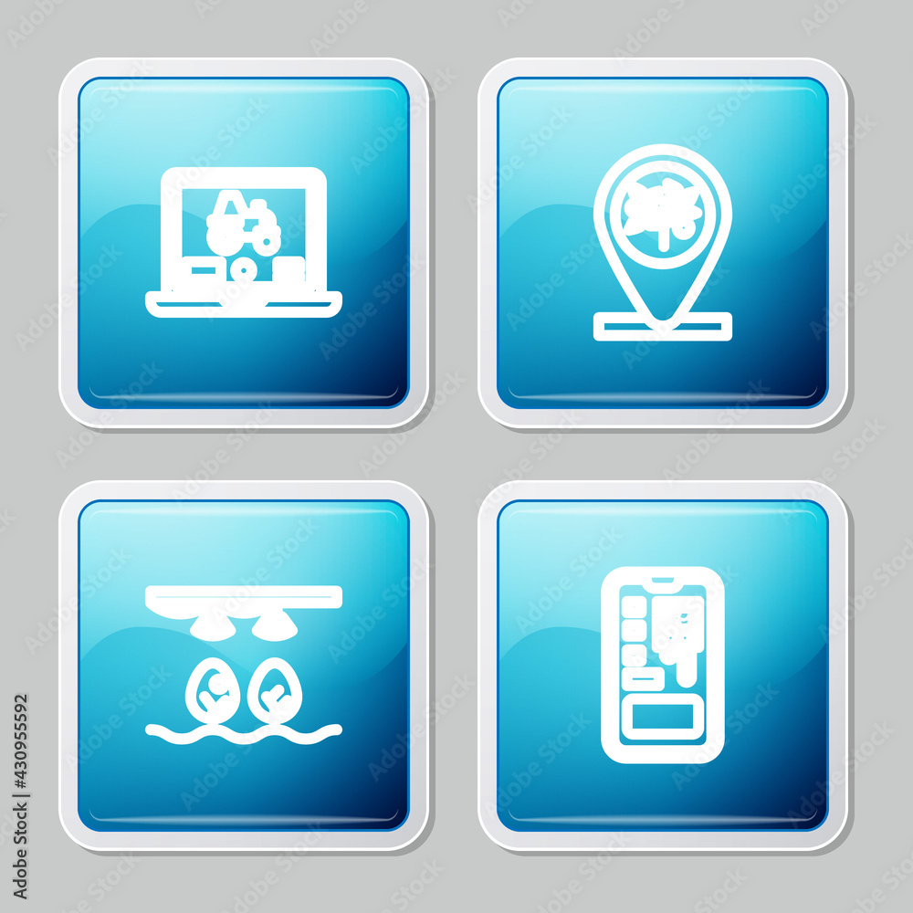 Set line Laptop application for smart farm, Location and tree, Smart with bulb plant and control farming system icon. Vector Set line Laptop application for smart farm, Location and tree, Smart with bulb plant and control farming system icon. Vector