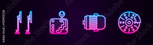 Set line Windscreen wiper, Gear shifter, Electric engine and Car brake disk with caliper. Glowing neon icon. Vector