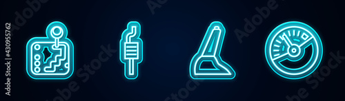 Set line Gear shifter, Car muffler, handbrake and Speedometer. Glowing neon icon. Vector