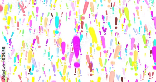 Many colored 3D exclamation mark, descend, on white background.