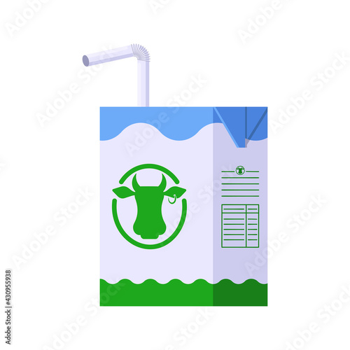 Milk Carton Box with Drinking Straw Isolated Icon on White Background. lat style template of milk small cardboard pack with tube in white, blue and green colors for logo, menu, web, stickers, prints