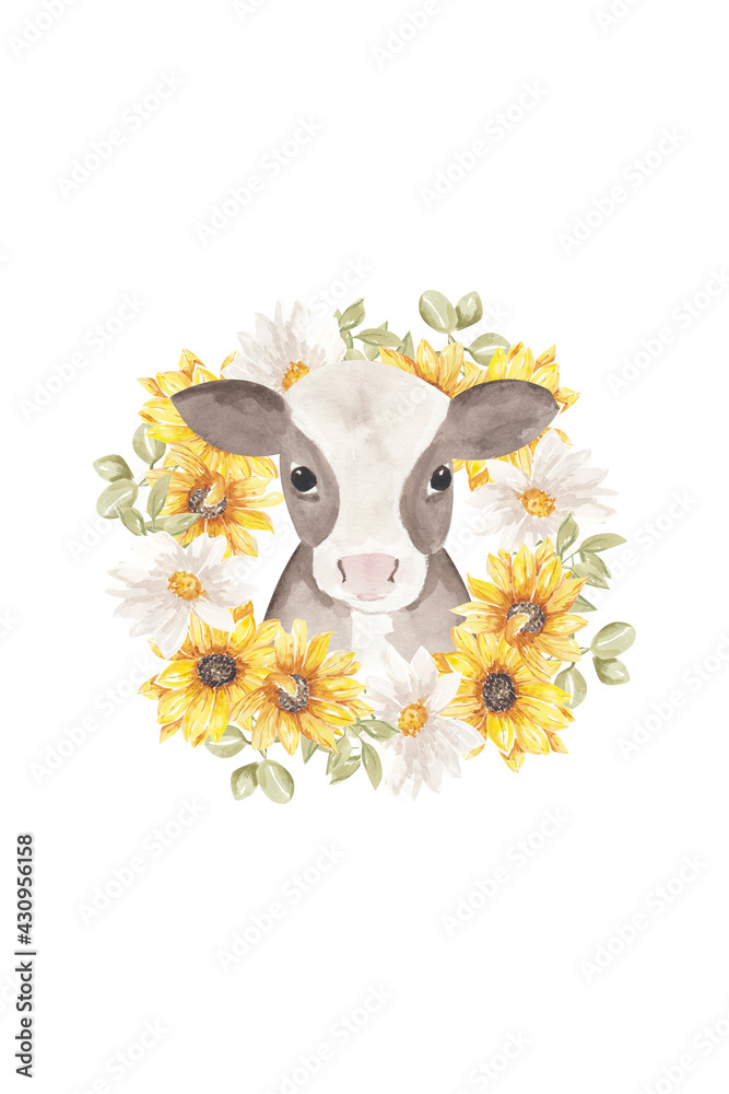 Cow with sunflower clipart, cow sublimation, sunflower wreath, farm