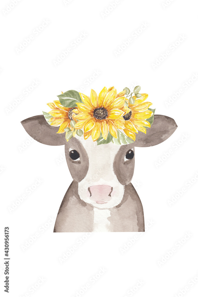 Cow with sunflower clipart, cow sublimation, sunflower wreath, farm