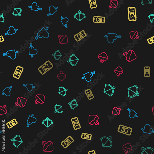 Set line Amour with heart and arrow, Bow, Mobile and Bottle love potion on seamless pattern. Vector