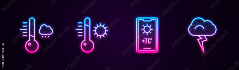 Set line Meteorology thermometer, , Weather forecast and Storm. Glowing neon icon. Vector Set line Meteorology thermometer, , Weather forecast and Storm. Glowing neon icon. Vector