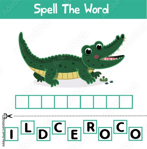 Spelling word scramble game template. Educational activity for kids. Vector stock illustration.
