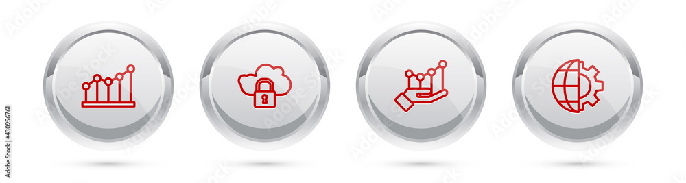 Set line Pie chart infographic, Cloud computing lock, and Globe of the Earth and gear. Silver circle button. Vector Set line Pie chart infographic, Cloud computing lock, and Globe of the Earth and gear. Silver circle button. Vector