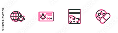 Set line Legalize marijuana globe, Plastic bag of cannabis, Calendar and leaf and Herbal ecstasy tablets icon. Vector