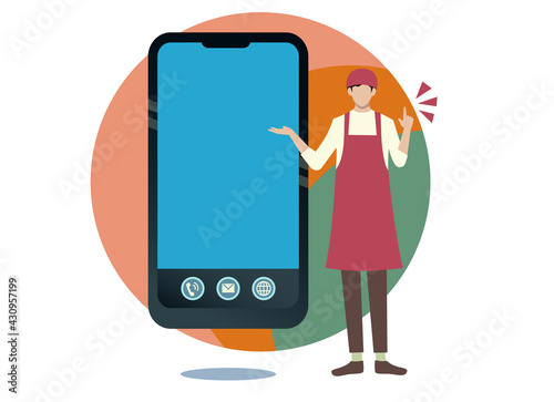 エプロン　男性　案内　スマホ　フレーム　人物フラットイラスト