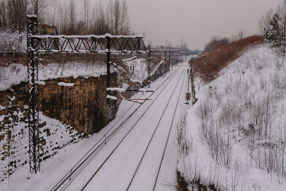 Winter scenery of Chorzów. Railway line in winter scenery. Winter in Silesia. Silesia in the lens.