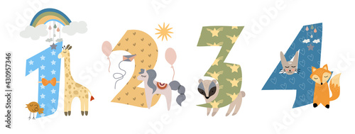 Cute kids anniversary numbers with animals. Happy birthday greeting cards. Vector hand drawn templates for children's birthday party with cute giraffe, fox, unicorn, badger. 