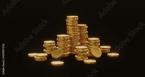 Gold finance coin or money currency cash on black background with pile of treasure coins. 3D rendering.