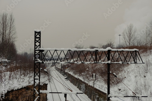 Winter scenery of Chorzów. Railway line in winter scenery. Winter in Silesia. Silesia in the lens.