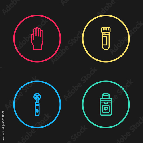 Set line Electric toothbrush  Organ container  Test tube with blood and Medical rubber gloves icon. Vector