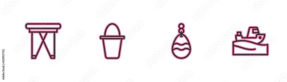 Set line Folding chair, Fishing spoon, bucket and boat water icon. Vector Set line Folding chair, Fishing spoon, bucket and boat water icon. Vector