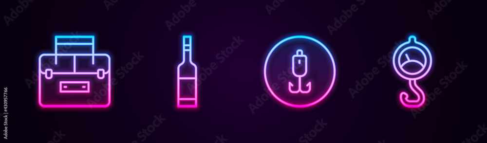 Set line Case container for wobbler, Bottle of vodka, Fishing hook and Spring scale. Glowing neon icon. Vector Set line Case container for wobbler, Bottle of vodka, Fishing hook and Spring scale. Glowing neon icon. Vector
