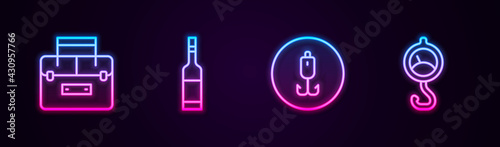 Set line Case container for wobbler, Bottle of vodka, Fishing hook and Spring scale. Glowing neon icon. Vector