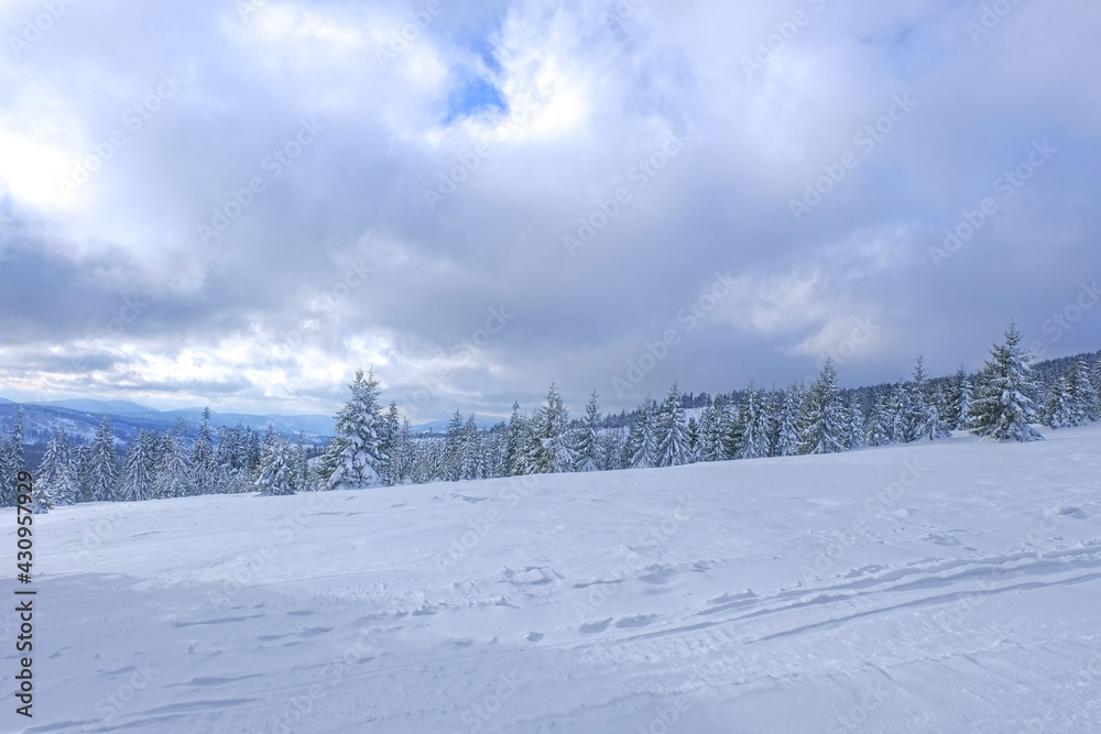 Silesian Beskid in winter. Snow in the mountains.