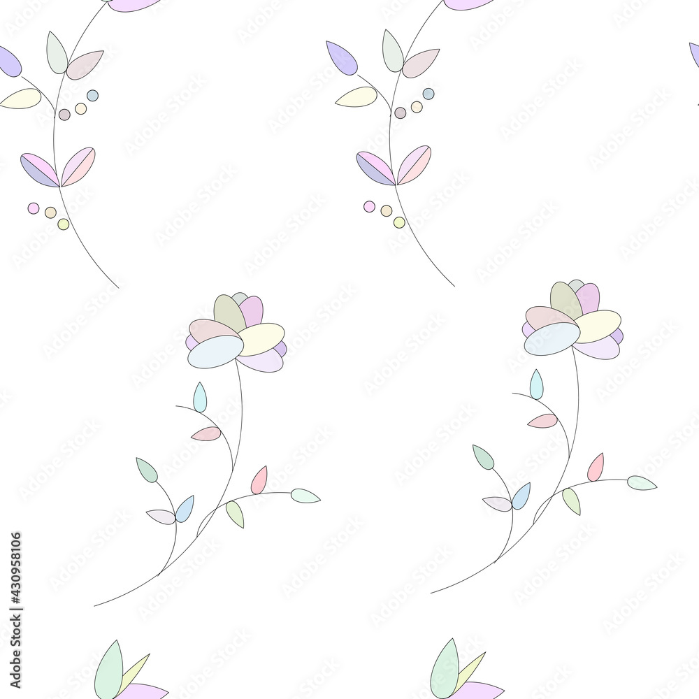 Light floral pattern in pastel colors with vector flowers on a white background. Seamless print for wallpaper, fabric, paper for decoration.