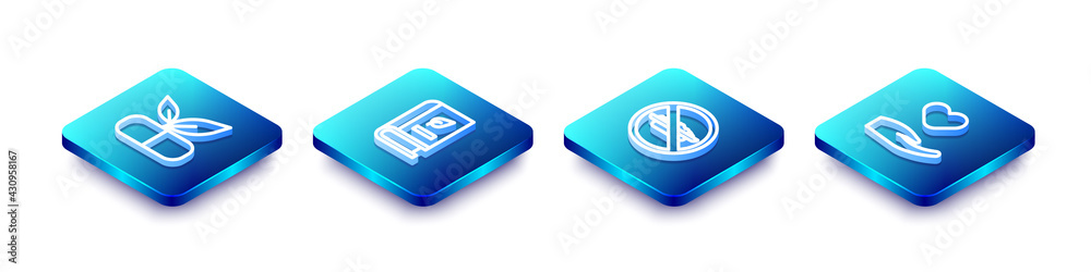 Set Isometric line Medical pill with plant, book, Food no diet and Heart in hand icon. Vector Set Isometric line Medical pill with plant, book, Food no diet and Heart in hand icon. Vector