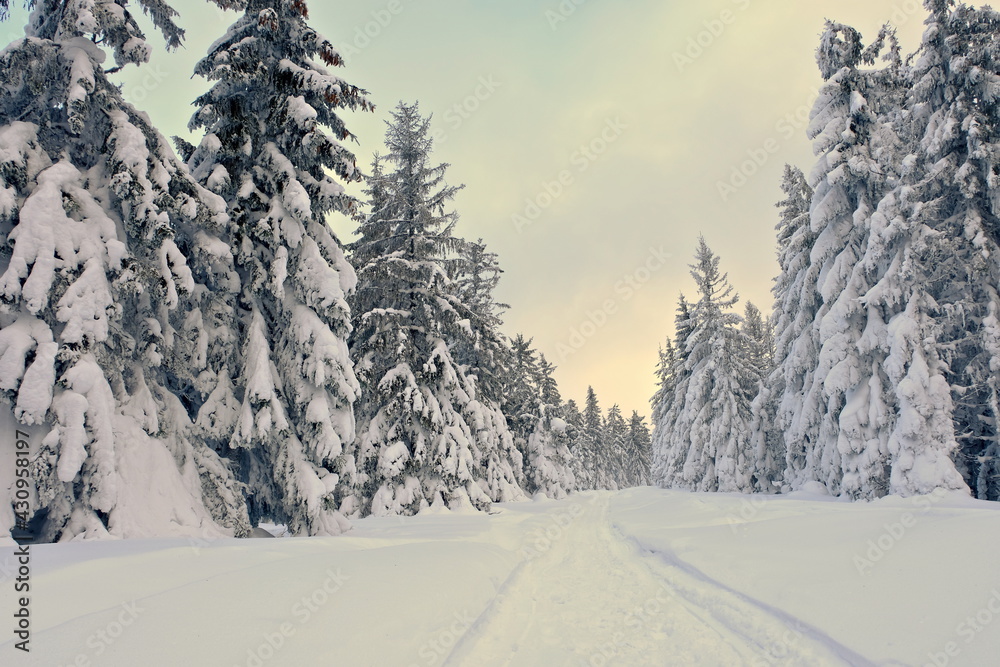 Winter in the mountains, mountain road covered with snow.