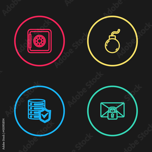 Set line Server with shield, Mail message lock password, Bomb ready to explode and Safe icon. Vector