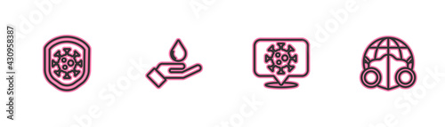 Set line Shield protecting from virus, Corona on location, Washing hands with soap and Earth medical mask icon. Vector
