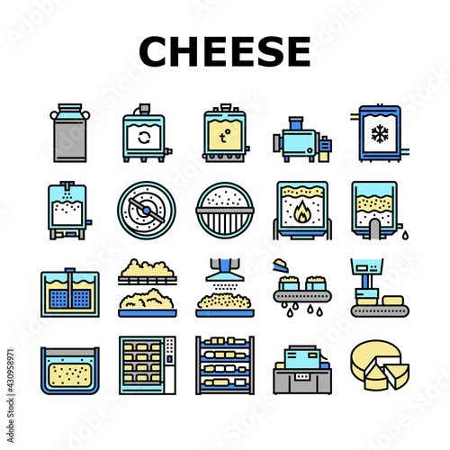 Cheese Production Collection Icons Set Vector. Cheese Preparing Factory Industrial Equipment And Refrigerator, Heating And Cheesemaking Machine Concept Linear Pictograms. Contour Illustrations