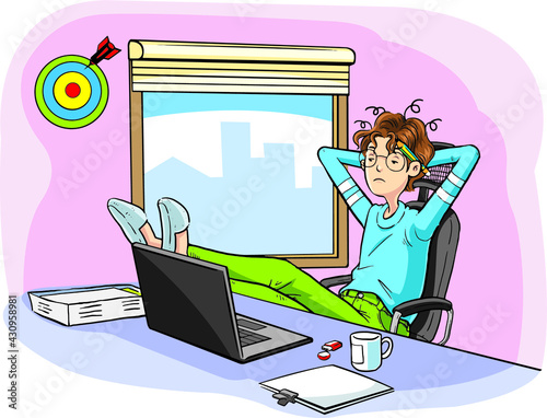 Young man, he was tired and bored of having to work works from home, cartoon, vector.